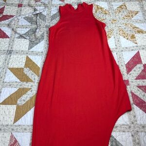 BEBE Red Orange Mock Neck Asymmetric Slit Maxi Dress